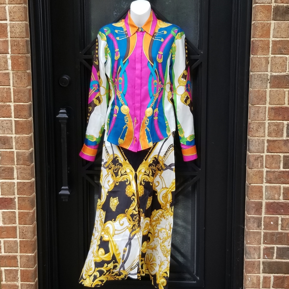 VERSACE Multicolor Mixed Baroque Print Silk Twill Button Front Top Blouse